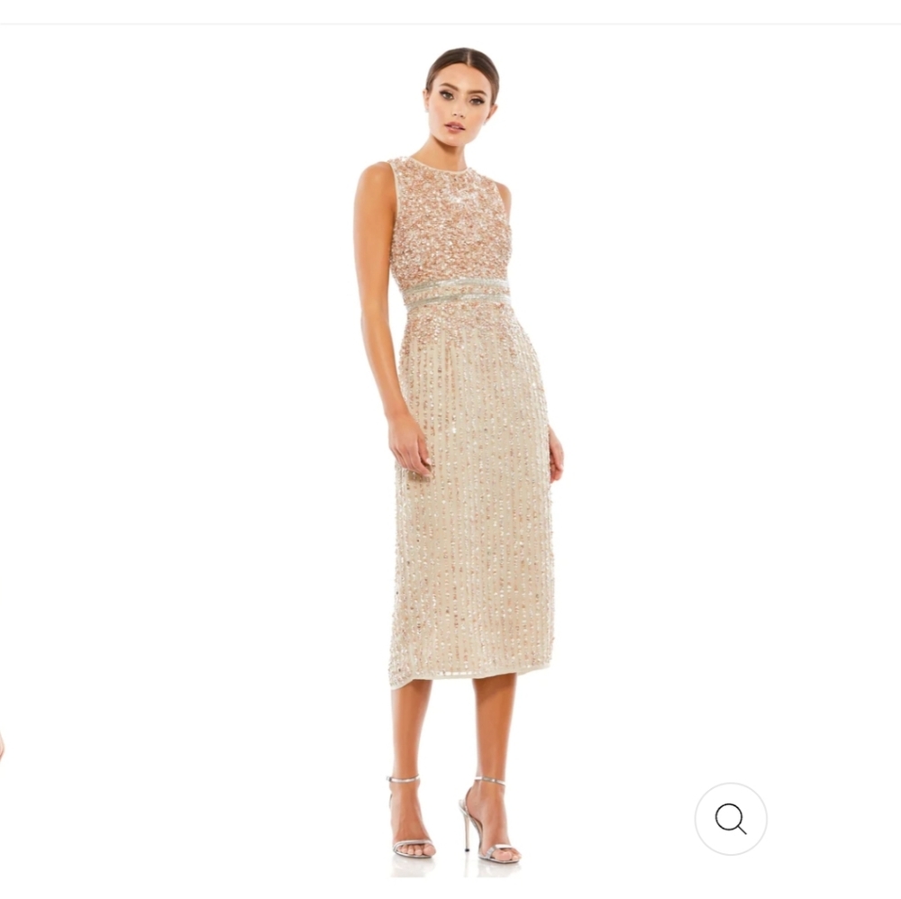Mac Duggal Sleeveless High Neck Beaded Midi Sheath Dress Nude 8